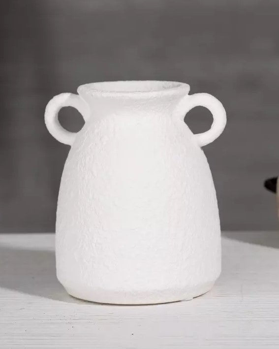 Textured White Ceramic Handled Vase