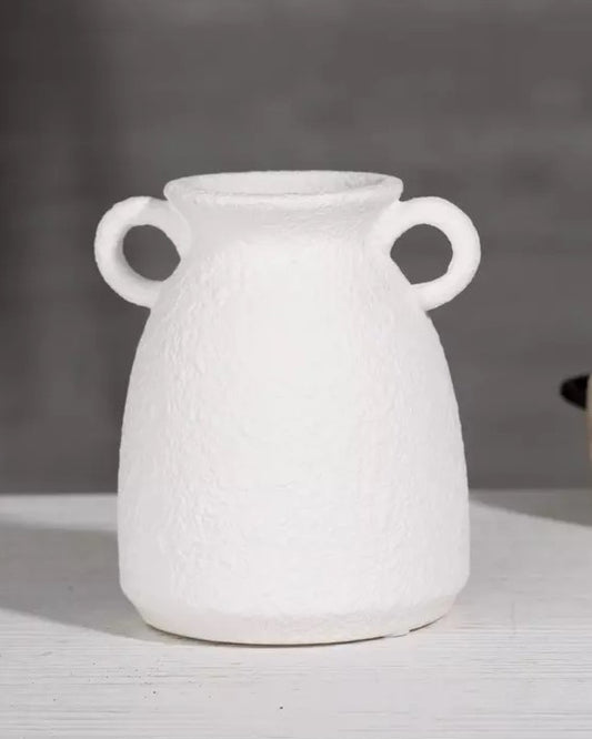 Textured White Ceramic Handled Vase