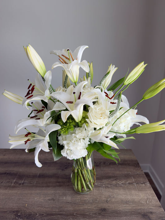 White Lily, Rose & Hydrangea Arrangement