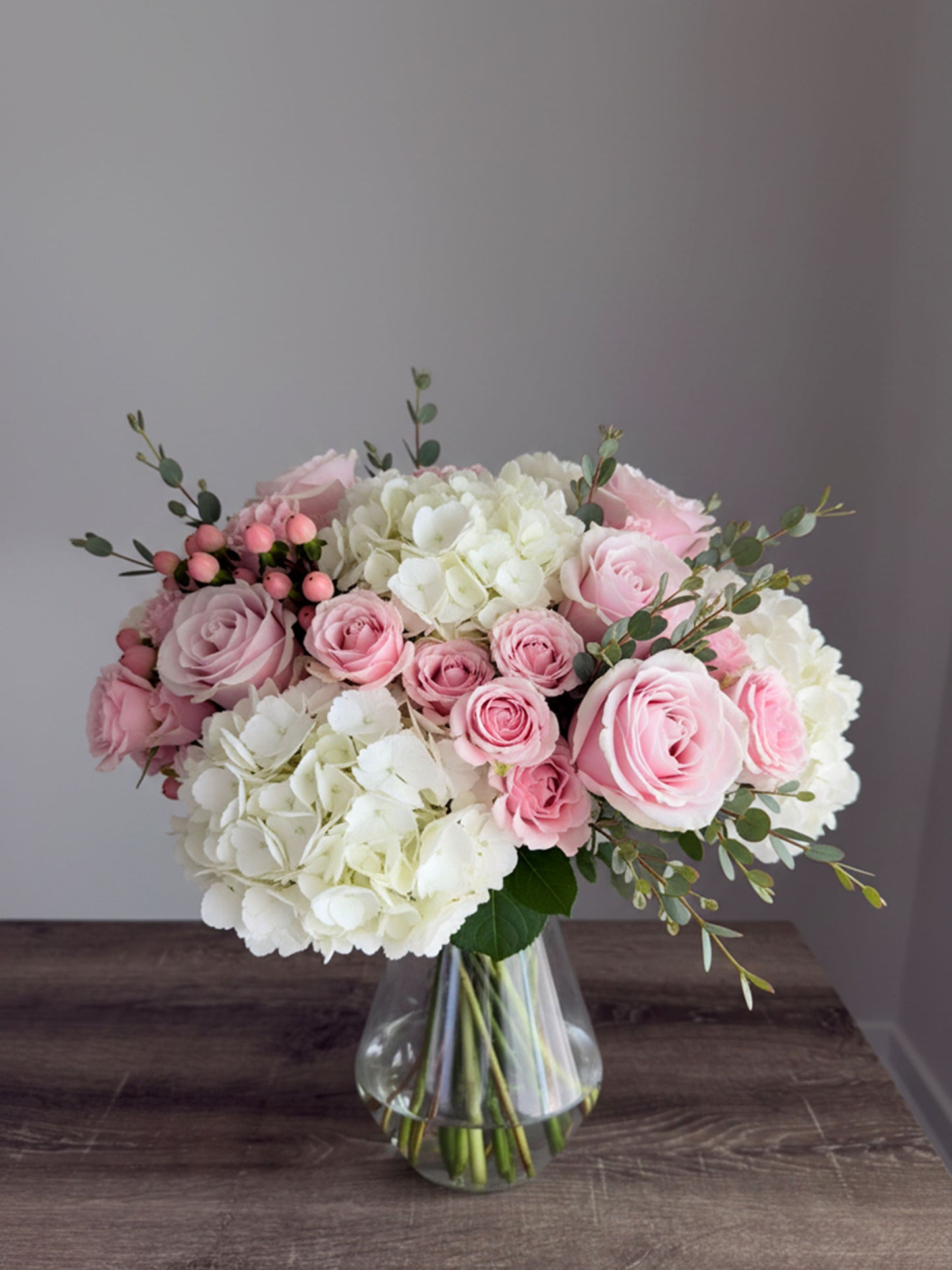 Blush Rose & White Hydrangea Arrangement