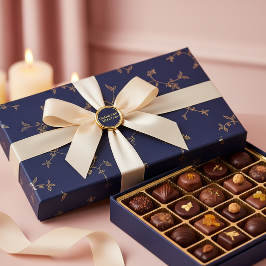 Elegant luxury box of chocolates with ribbon